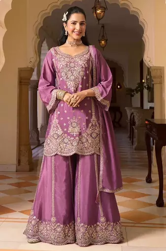 lilac chiffon embroidered  beads  stone & sequined semi stitched suit