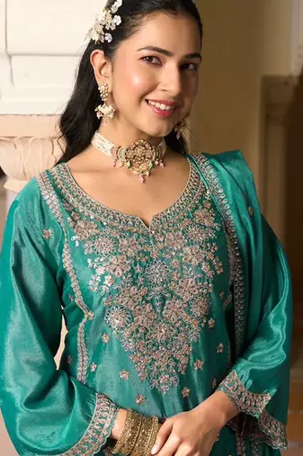 turquoise chiffon embroidered  beads  stone & sequined semi stitched suit