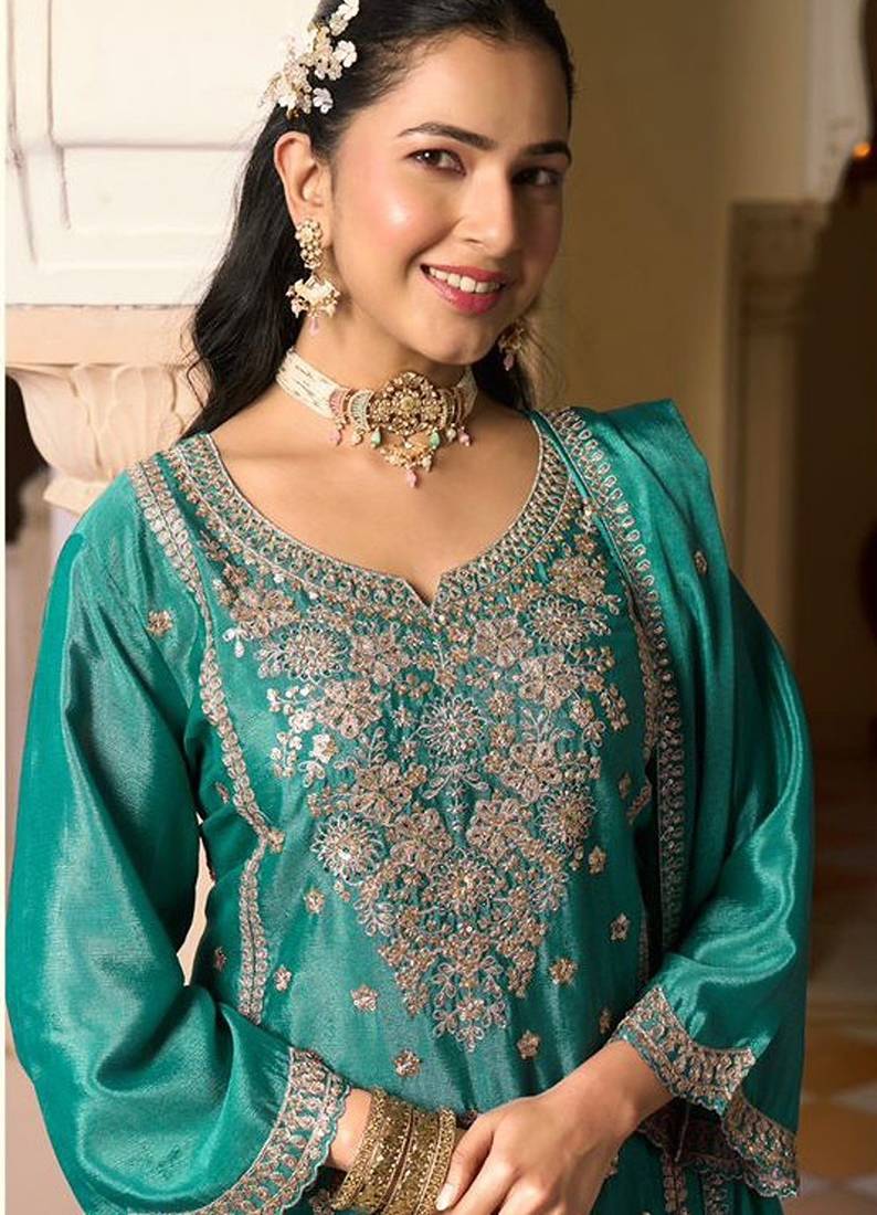turquoise chiffon embroidered  beads  stone & sequined semi stitched suit