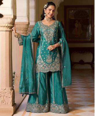 turquoise chiffon embroidered  beads  stone & sequined semi stitched suit 2
