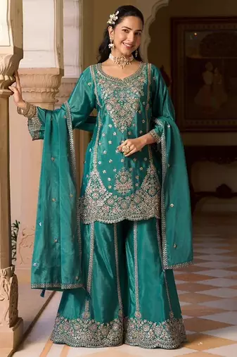 turquoise chiffon embroidered  beads  stone & sequined semi stitched suit