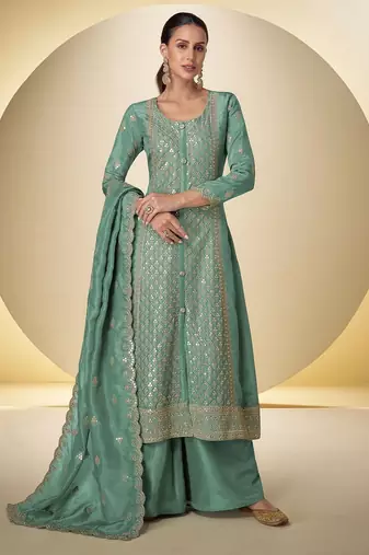 sea green silk blend embroidered & sequined semi stitched suit