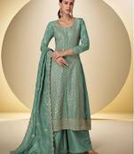 sea green silk blend embroidered & sequined semi stitched suit