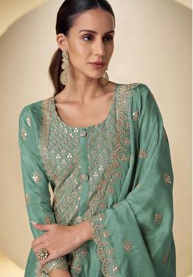 sea green silk blend embroidered & sequined semi stitched suit 2