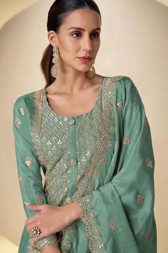 sea green silk blend embroidered & sequined semi stitched suit