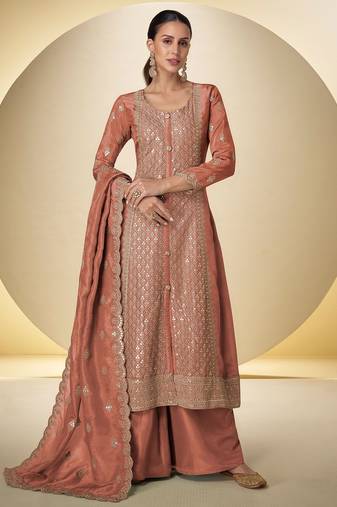 peach silk blend embroidered & sequined semi stitched suit