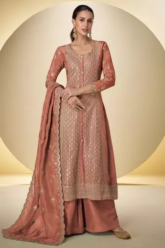 peach silk blend embroidered & sequined semi stitched suit