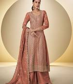 peach silk blend embroidered & sequined semi stitched suit