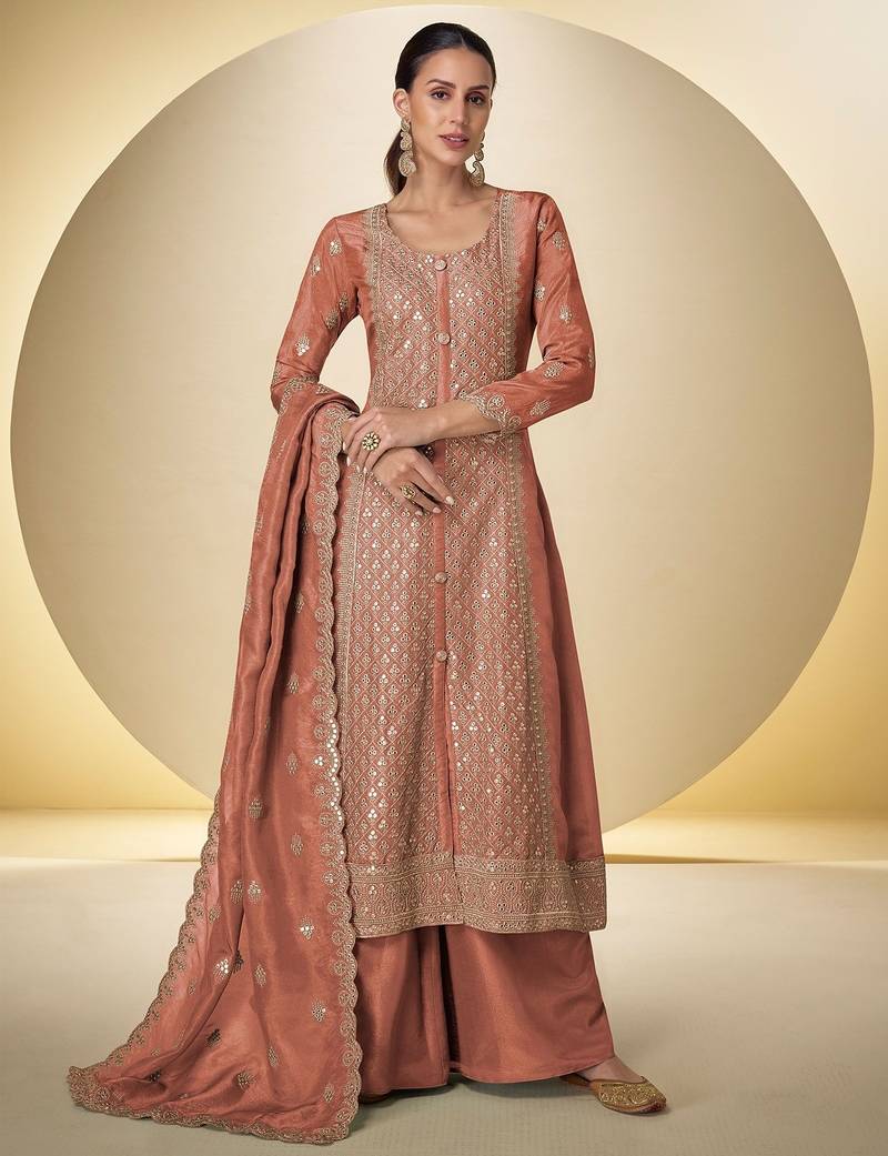 peach silk blend embroidered & sequined semi stitched suit