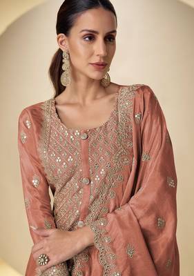 peach silk blend embroidered & sequined semi stitched suit 2