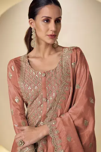 peach silk blend embroidered & sequined semi stitched suit