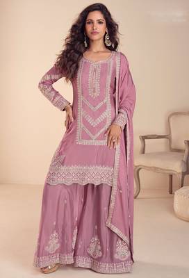 pink chiffon thread embroidered  beads  moti & sequined semi stitched suit 1