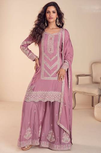 pink chiffon thread embroidered  beads  moti & sequined semi stitched suit
