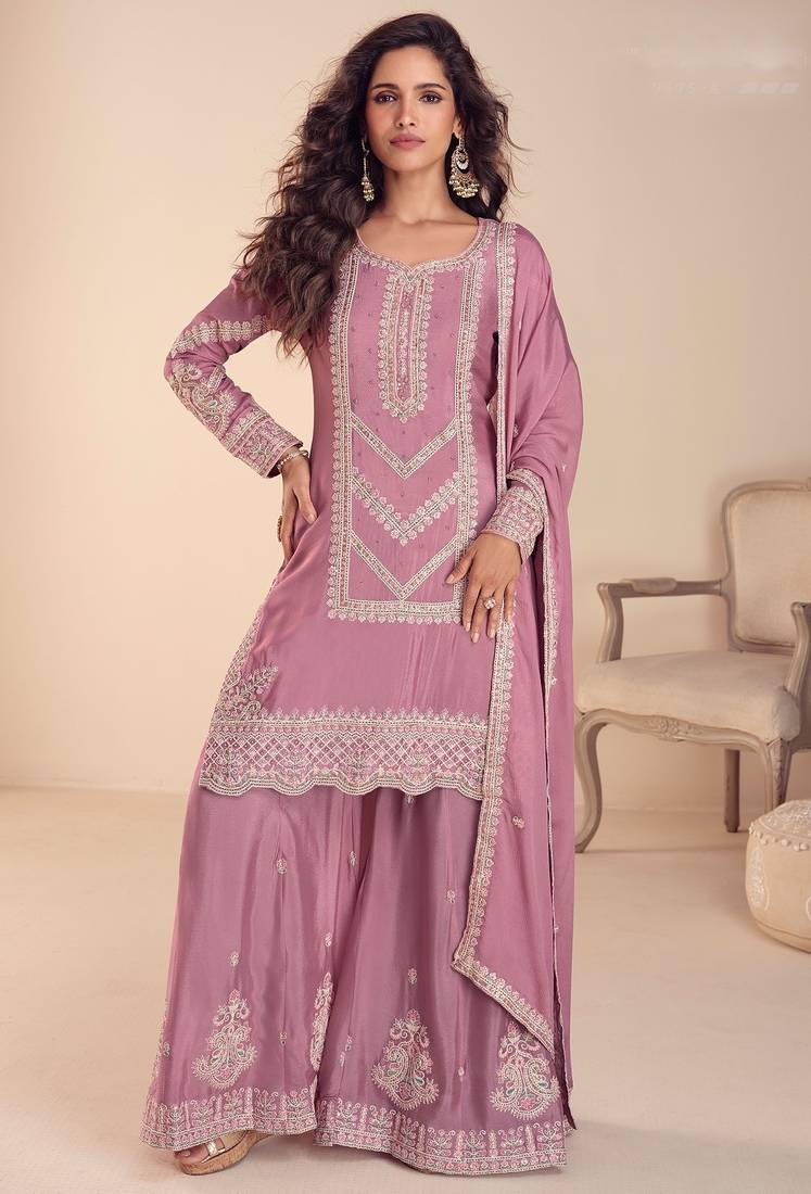 pink chiffon thread embroidered  beads  moti & sequined semi stitched suit