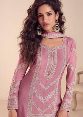 pink chiffon thread embroidered  beads  moti & sequined semi stitched suit 2