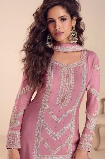 pink chiffon thread embroidered  beads  moti & sequined semi stitched suit