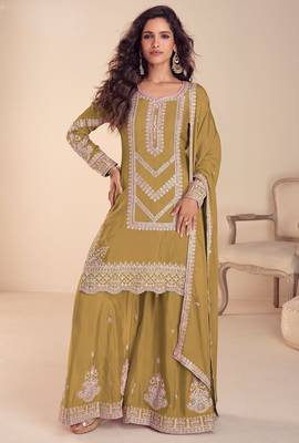 mustard chiffon thread embroidered  beads  moti & sequined semi stitched suit 1