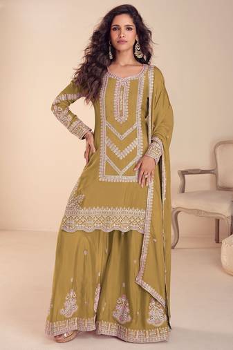 mustard chiffon thread embroidered  beads  moti & sequined semi stitched suit