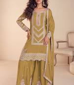 mustard chiffon thread embroidered  beads  moti & sequined semi stitched suit