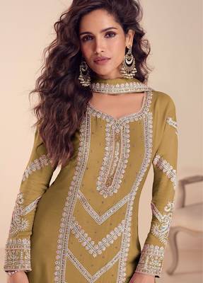 mustard chiffon thread embroidered  beads  moti & sequined semi stitched suit 2