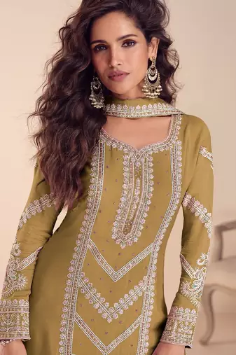mustard chiffon thread embroidered  beads  moti & sequined semi stitched suit