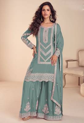sea green chiffon thread embroidered  beads  moti & sequined semi stitched suit 1