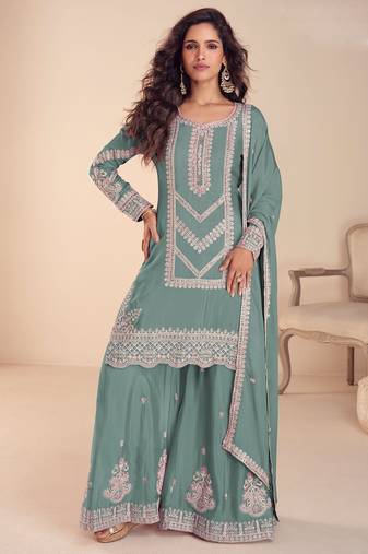 sea green chiffon thread embroidered  beads  moti & sequined semi stitched suit