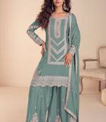 sea green chiffon thread embroidered  beads  moti & sequined semi stitched suit
