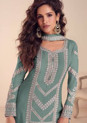 sea green chiffon thread embroidered  beads  moti & sequined semi stitched suit 2