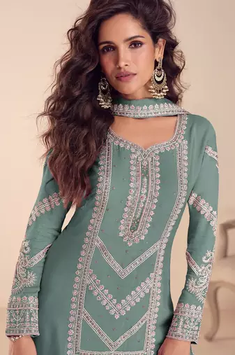 sea green chiffon thread embroidered  beads  moti & sequined semi stitched suit