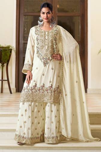 off white silk blend embroidered  hand work & sequined semi stitched suit