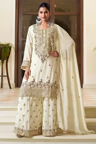 off white silk blend embroidered  hand work & sequined semi stitched suit