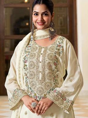 off white silk blend embroidered  hand work & sequined semi stitched suit 2