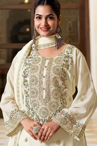 off white silk blend embroidered  hand work & sequined semi stitched suit