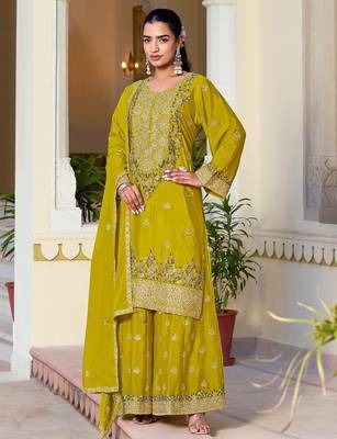 yellow silk blend embroidered  hand work & sequined semi stitched suit 1