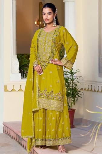 yellow silk blend embroidered  hand work & sequined semi stitched suit
