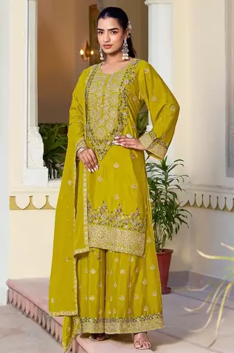 yellow silk blend embroidered  hand work & sequined semi stitched suit