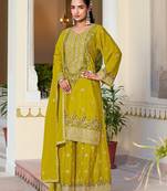 yellow silk blend embroidered  hand work & sequined semi stitched suit