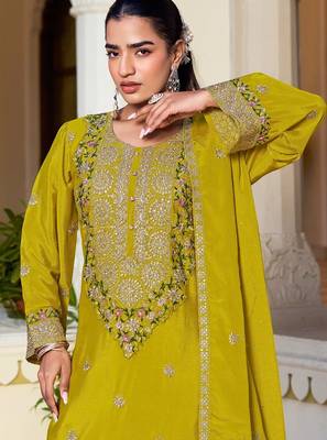 yellow silk blend embroidered  hand work & sequined semi stitched suit 2