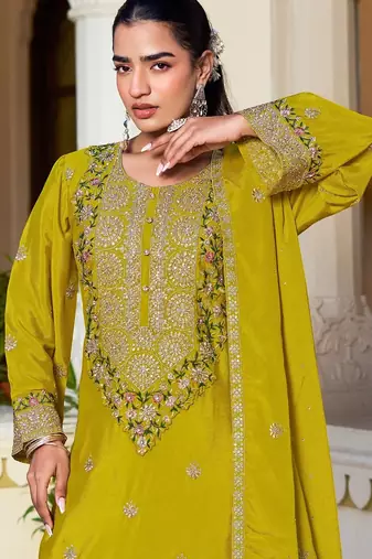 yellow silk blend embroidered  hand work & sequined semi stitched suit