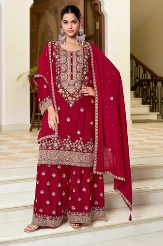 red silk blend embroidered  hand work & sequined semi stitched suit