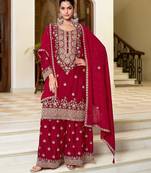 red silk blend embroidered  hand work & sequined semi stitched suit