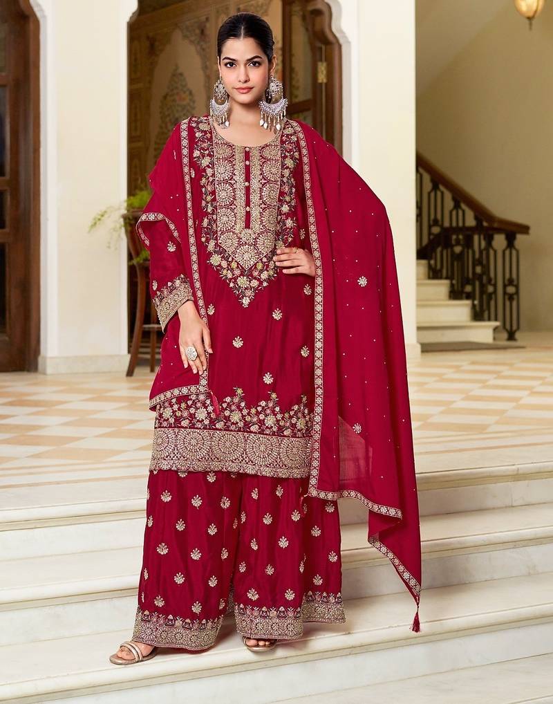 red silk blend embroidered  hand work & sequined semi stitched suit