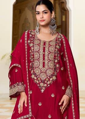 red silk blend embroidered  hand work & sequined semi stitched suit 2
