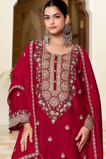 red silk blend embroidered  hand work & sequined semi stitched suit