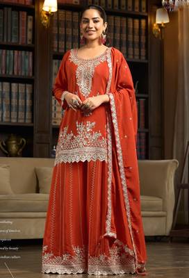 orange chiffon embroidered  stone & sequined semi stitched suit 1