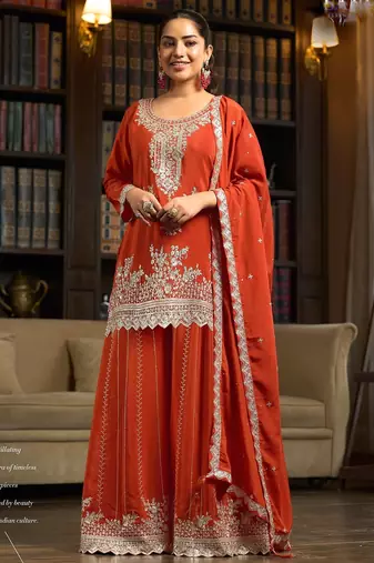orange chiffon embroidered  stone & sequined semi stitched suit