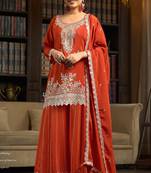 orange chiffon embroidered  stone & sequined semi stitched suit
