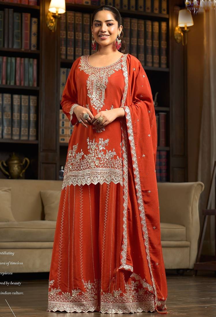orange chiffon embroidered  stone & sequined semi stitched suit