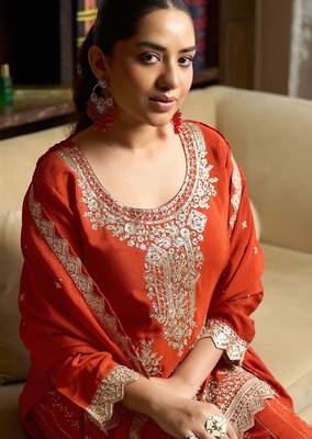 orange chiffon embroidered  stone & sequined semi stitched suit 2